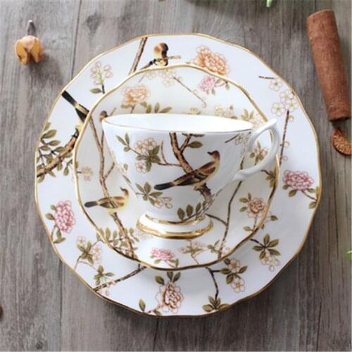 Golden Side Salad Plate Bone China Tableware Tool Bird Pattern Coffee Cup 10inch Flat Dish Ceramic Tray Western Dinnerware Set