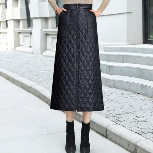 Warm Plus Size 5XL Ladies Long Skirt 2021 Fall Winter Down Cotton Slim A-line Skirt Black High Waist Female pocket Zipper Skirt