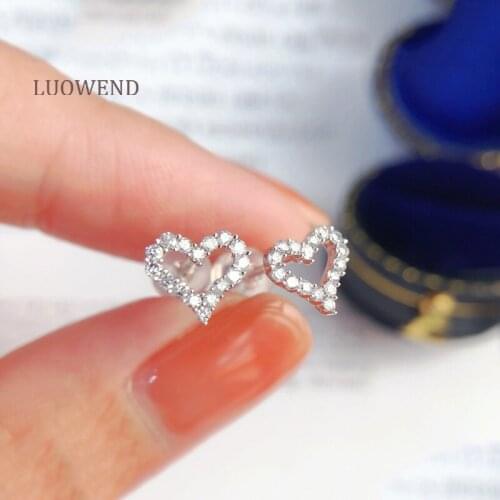LUOWEND Real 18K Solid White Gold Stud Earrings Female Diamond Earring Engagement Party Heart Shape Jewelry Design