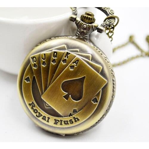 50pcs/lot Hot Sell Royal Flush Poker Card Quartz Pocket Watch Top Quality Men Women Vintage Flip Pocket Watch Necklace
