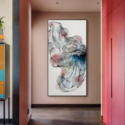 Abstract Geometric Line Wall Art Poster Pink Blue Watercolor Nordic Canvas Painting Modern Pictures Living Room Decoration