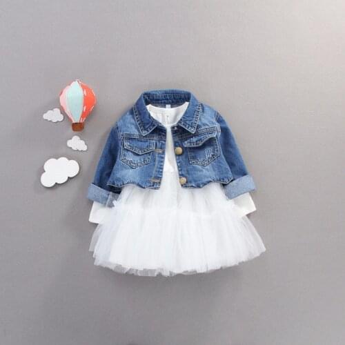 Fashion kid girls denim mesh dress toddler baby princess outifts 0-3 years 2 pcs /set jacket+dress