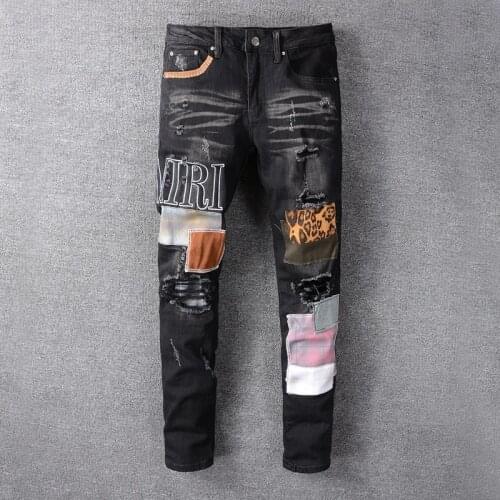 New Hip Hop Jeans Men High Street Fashion Brand Black Blue Patch Embroidery Stretch Slim Fit Jeans Mens Summer Jeans Mens Jeans