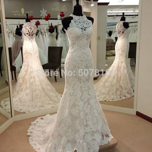 Elegant roundneck sleeveless zipper with buttons mermaid lace wedding dress free shipping