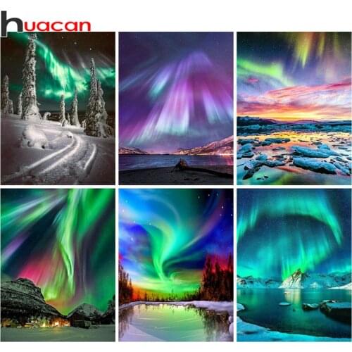 Huacan Full Square/round Diamond Painting Aurora Scenery Home Decor Mosaic Embroidery Night Snow Landscape Diamond Art