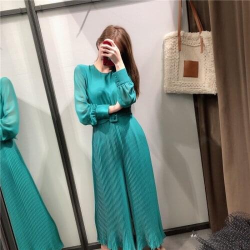 2021 Chic Green Tie Belt Waist Jumpsuits Women Fashion O-Neck Collar Jumpsuits Elegant Ladies Pleated Jumpsuits