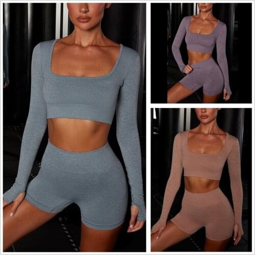 7 Colors Seamless Yoga Set Female Sports Suit Women Sportswear Gym Clothing Fitness Long Sleeve Crop Top And Workout Shorts Set