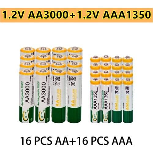 2021 New 1.2V AA 3000mAh NI-MH Rechargeable Batteries+AAA battery 1350 mAh Rechageable battery NI-MH 1.2 V AAA battery