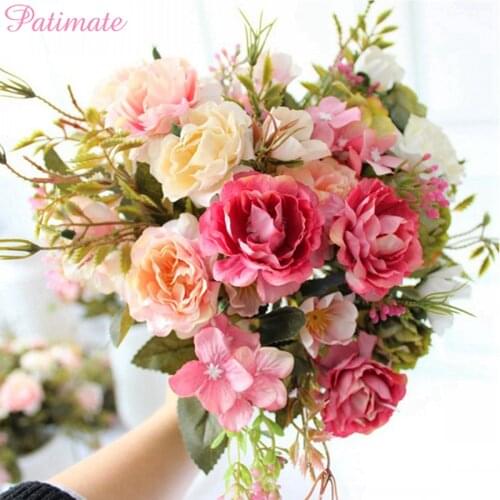 PATIMATE Rose Artificial Flowers For Wedding Decoration Silk Fake Floral Bouquet For Home Decor Wedding Party Supplies