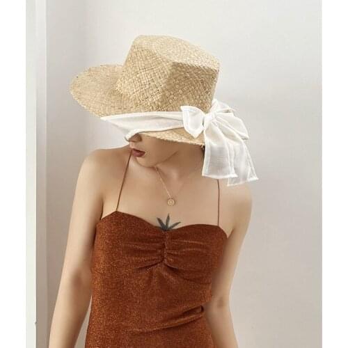 Summer New Hexagonal Side Raffia Straw Hat Female Korean Chiffon Butterfly Streamer Sunscreen Sun Hat Fashion Seaside Beach Hat