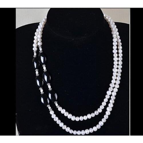 Wedding Woman Jewelry Real Natural White Pearl Choker 2 Rows Necklace Black stone Shining Rhinestone Handmade
