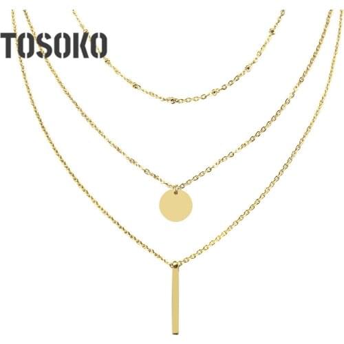 TOSOKO Stainless Steel Jewelry Multi Layer Stacked Geometric Disc Round Brand Long Necklace Cavicle Chain BSP275