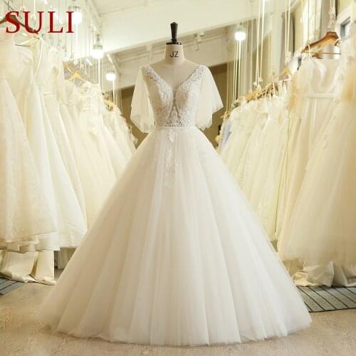SL-613 Vintage Beads Lace V Neck Crystal Belt Bridal Wedding Dress 2019