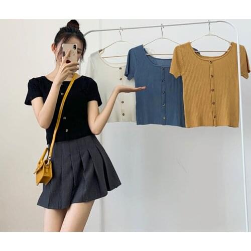 5 colors Basic Summer Women T-shirt Square Collar Knitting T-shirt With Button Cotton Ladies Fashion Solid T-shirt Short Sleeve