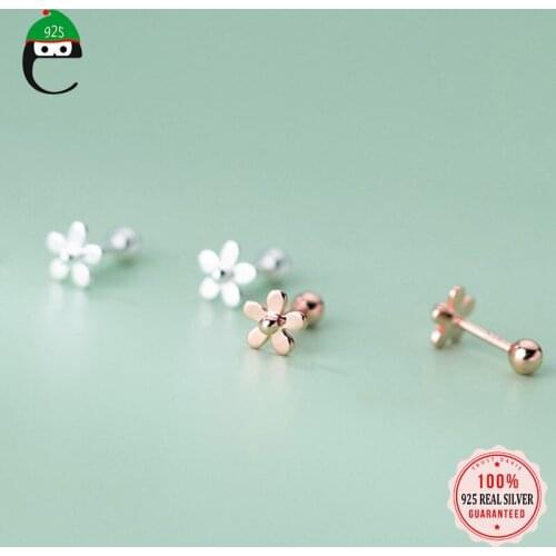 ElfoPlataSi Real 925 Sterling Silver Fashion 2021 Sweet Flower Screw Stud Earrings For Women Wedding Party Fine Jewelry DD791