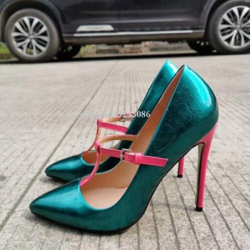 Mixed Color T-Strap High Heels Single Shoes Women Fashion Pointed Toe Stiletto Heel Pumps Shoes Lady Real Photos Banquet Shoes
