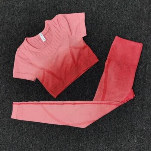 2 PCS Women Ombre Seamless yoga set Fitness Sports Suits with chest pad GYM Clothing T-Shirts+High Waist Leggings Workout set