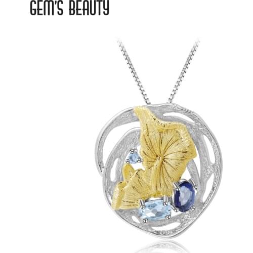 GEMS BEAUTY 925 Sterling Silver Lotus Leaf Necklace Natural Blue Topaz Handmade Birthstone Pendant For Women Romantic Gift