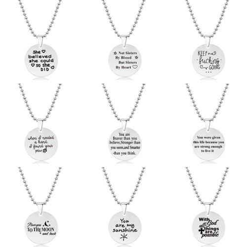 New 2021 Stainless Steel Pendant Necklaces For Women Lettering Round Plate Bead Chain Necklace Engraved Pendant Necklace Gift