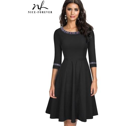 Nice-forever Spring Elagnt Embroidery Patchwork Black Dresses Casual Retro A-Line Pinup Women Flare Dress btyA066