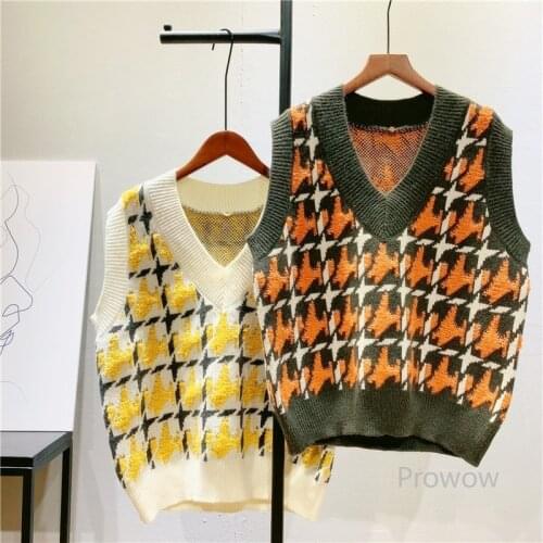 Houndstooth Plaid V Neck Knit Waistcoat Jacquard Sweater Vest Women Spring Autumn Loose Waistcoat Students Vest Top Pullover