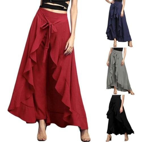 2021 Summer Chiffon Long Palace Pants Long Skirt High Waist Irregular Ruffled Drawstring Pants Solid Front Strap Elegant Hakama