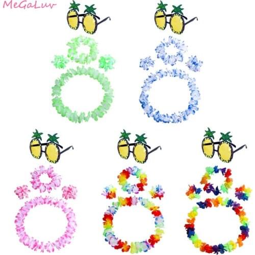 5pcs Hawaiian Party Decor Set Pineapple Sunglasses Tropical Necklace Bracelet Headband Fancy Dress Costumes Flowers Garland Set