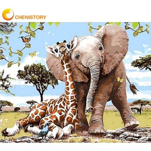CHENISTORY Elephant Giraffe Animal Oil Painting By Numbers For Adults Children HandPaints Unique Gift 60x75cm Frame Draw On Canv
