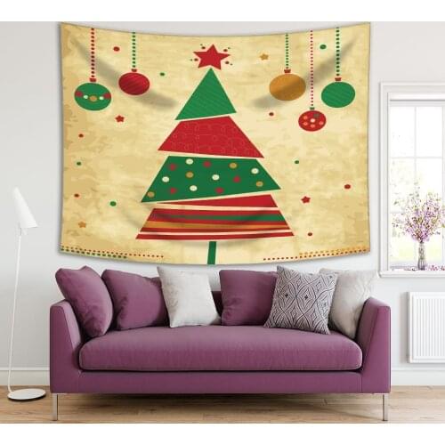 Tapestry Christmas Tree and Ornaments Red Green Beige Vintage Christmas Card Style Artwork Print