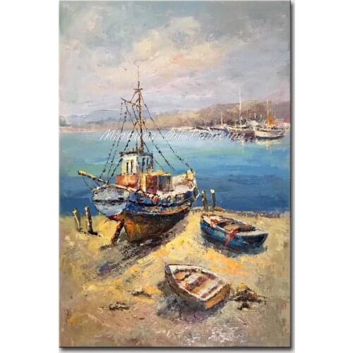 Mintura Hand Painted Oil Paintings on Canvas Sea and Fishing Boat Series Wall Picture for Living Room Home Decor Art No Framed