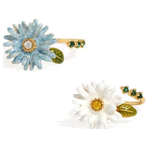 Cute Elegant Flower Rings For Women Adjustable Opening Ring Classic Enamel Daisy Jewelry Good Gift Simple Elegant