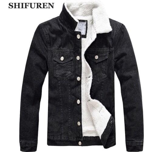 SHIFUREN Men Jeans Jacket 2018 Winter Thick Warm Denim Jacket With Fleece Long Sleeve Outerwear Male Black Cowboy Clothes