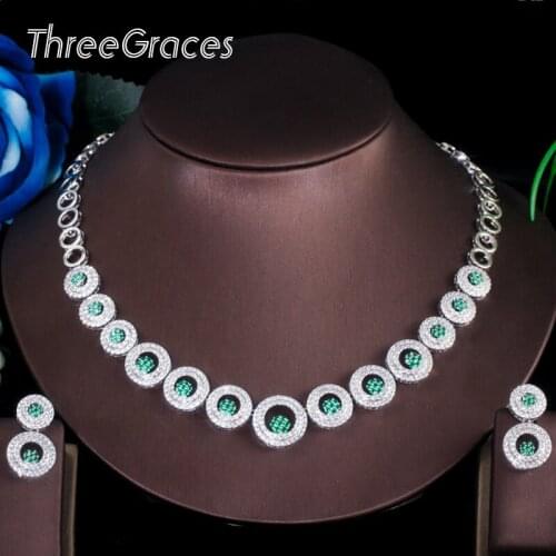 ThreeGraces Gorgeous Green Cubic Zircon Stone Bridal Wedding Round Drop Earrings Necklace Jewelry Set Wedding Accessories TZ505