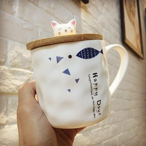 New Japanese Style Cute Simple Creative Cat And Fish Mark Ceramic Cup Cartoon With Spoon And Lid Breakfast Milk Cup