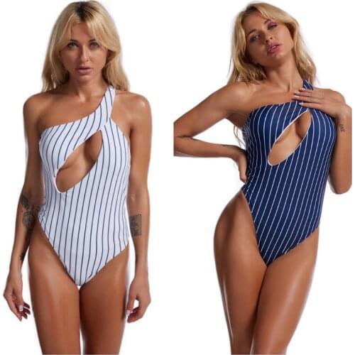 2021 new one-shoulder cross hollow stripe sexy one-piece BIKINI swimsuit ladies