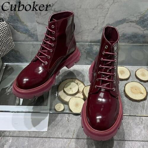 New Arrive Brand Runway Women Ankle Boots Patent Leather Lace Up Martin Boots Thick Sole Ladies Motorcycle Boots Shoes Women