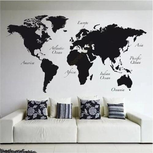 Office Desk Removable World Map Vinyl Wall Decals, Vinyl World Map Wall Decorations, Bedroom Living Room Wall Stickers
