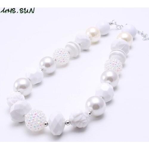 MHS.SUN Fashion White Design Girls Beads Necklace Kids Chunky Bubblegum Necklace With Rose Flower Toddler Child Chunky Jewelry