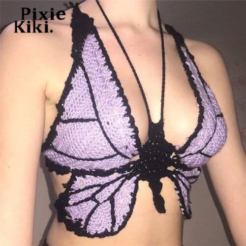 PixieKiki Sexy Hollow Out Knitted Crochet Butterfly Crop Top Women Fairy Grunge Clothes Backless Halter Tanks Camis P71-BI10