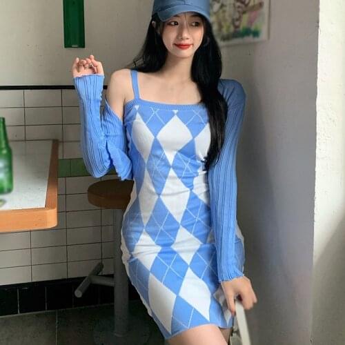 Women Dress Korean Retro Plaid Contrast Sexy Slim Knitted Sleeveless Sling Dresses Summer Womens Clothes