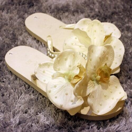 Romantic Girls White Flower Slipper Clip Toe Flat Beach Slide Beads Flower Embelished Shoes Comfortable Leisure Slipper