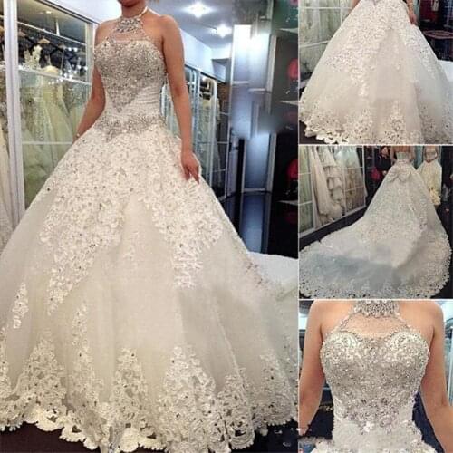 Luxury Appliques Lace Halter Wedding Dresses Tulle Royal Train Shining Beading Crystal Bride Dress Custom Vestido De Noive