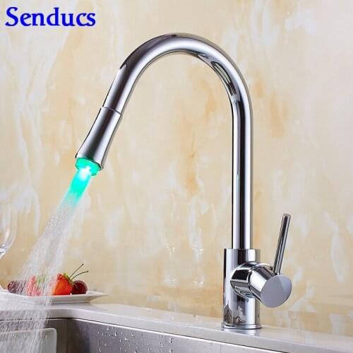 Senducs LED Pull Down Kitchen Faucet Quality Polished Chrome Pull Out Kitchen Mixer Tap Hot Cold Brass Kitchen Sink Faucet