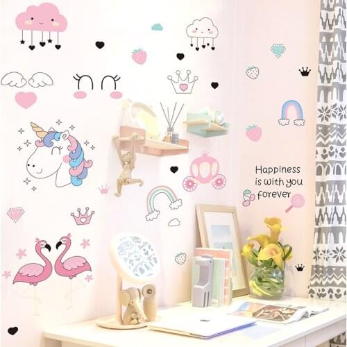 [shijuekongjian] Cartoon Unicorn Flamingos Wall Stickers Vinyl DIY Animal Wall Decals for Kids Room Baby Bedroom Decoration