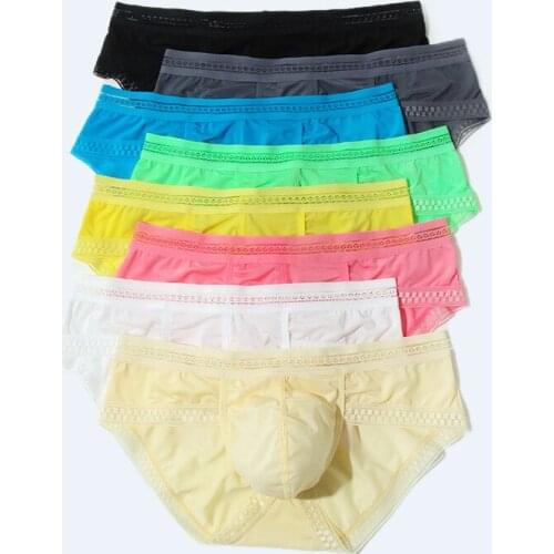 Mens Briefs Sexy Lace Ice Silk Ultra-thin Underwear Slip Homme Boxer Shorts Bugle Pouch Breathable Underpants 3XL Gay Panties