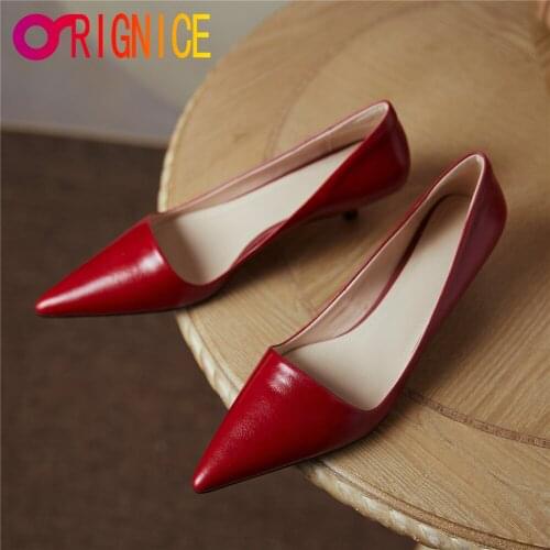 Orignice Sexy Pointed Toe Women Full Genuine Leather Pumps Slip On Solid Color Comfortable Low Thin Heels Dress Party Shoes