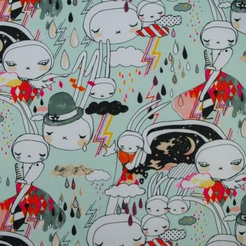 1 yard Polyester/PVC coated Waterproof Fabric for bag, handmaking, Bunny in rain on Light Blue background (width=140cm)