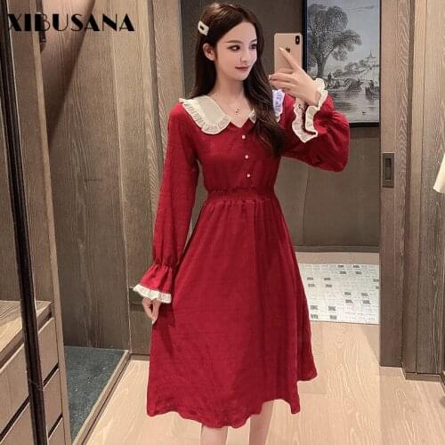 XIBUSANA Autumn New Polo Collar Elastic High Waist Dresses Women Solid Viintage Flare Sleeve Single-breasted Pullover Dress Lady