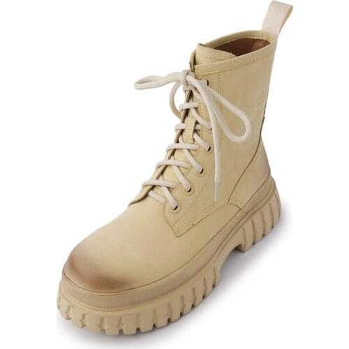 Leather Platform Shoes for Women Boots Thick Heels Round Toe Martin Boots Lace Up Mixed Color Flat Botas Mujer De Zapatos Retro