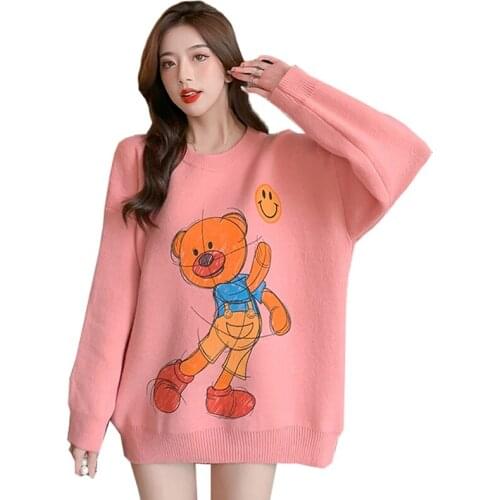 Autumn Winter New Fashion Women Casual Cute Cartoon pattern Loose Raglan sleeves O-Neck Long style Female Warm knit sweater tops